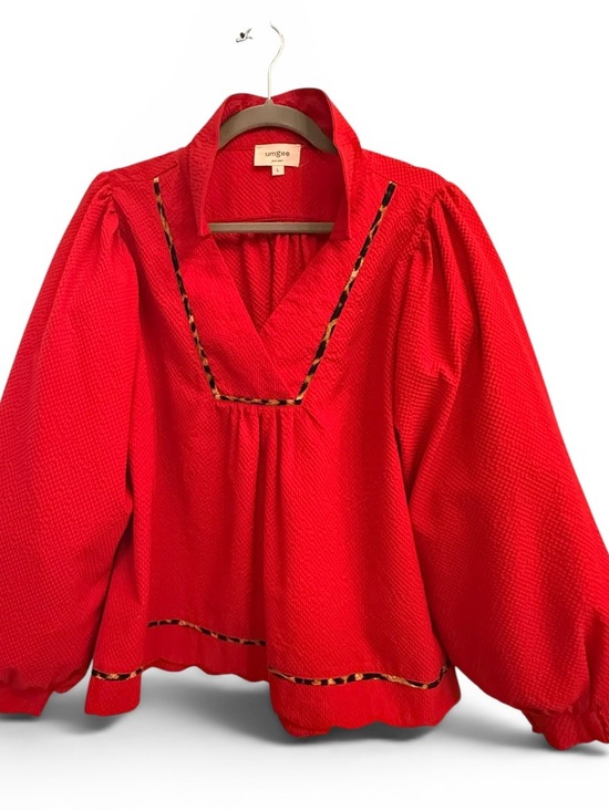 Umgee Tops - Umgee Bright Red V-Neck Textured Peasant Blouse with Leopard Trim